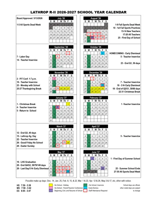 Lathrop R-II 2026–2027 Academic Calendar Page 1