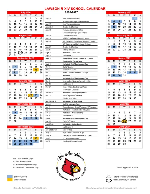 Lawson R-Xiv School 2026–2027 Academic Calendar Page 1