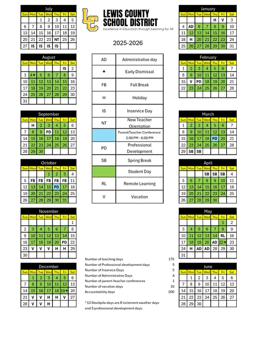 Lewis County School District 2025–2026 Academic Calendar Page 1