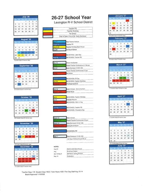 Lexington R-V School District 2026–2027 Academic Calendar Page 1