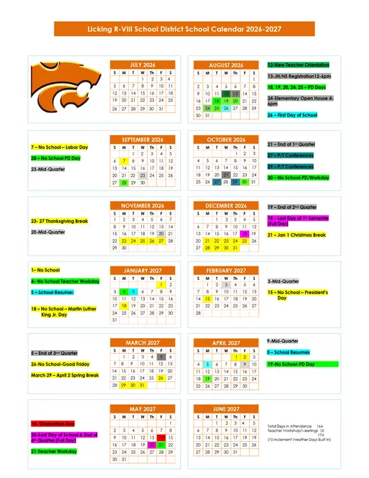Licking R-Viii School District 2026–2027 Academic Calendar Page 1