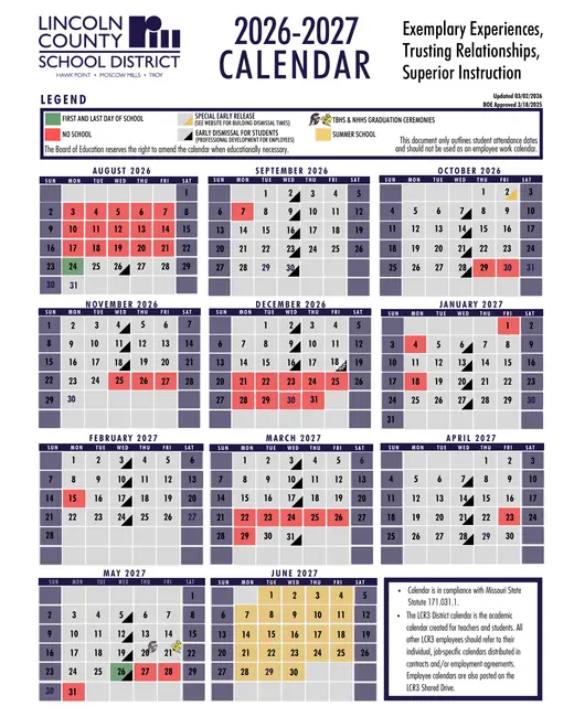 Lincoln County R-III School District 2026–2027 Academic Calendar