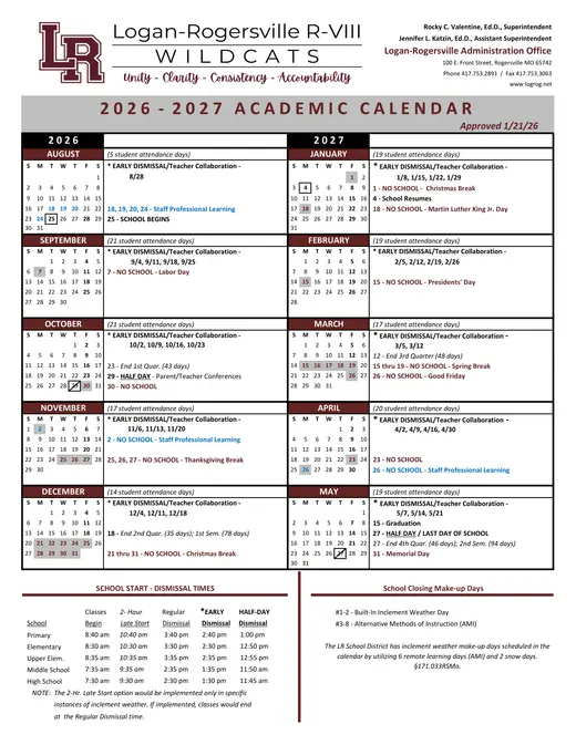 Logan-Rogersville R-VIII Wildcats 2026–2027 Academic Calendar
