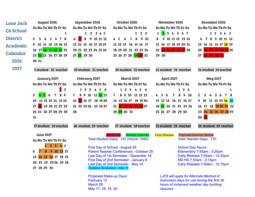 Lone Jack C6 School District 2026–2027 Academic Calendar Page 1