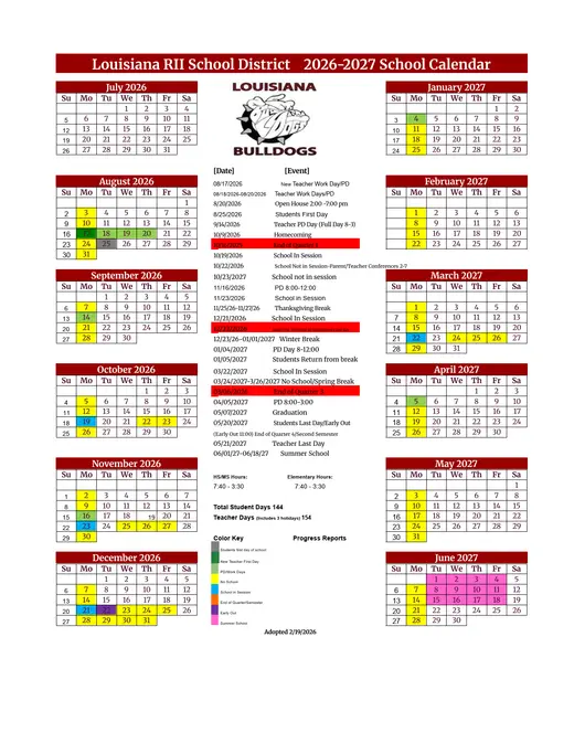 Louisiana Rii School District 2026–2027 Academic Calendar Page 1