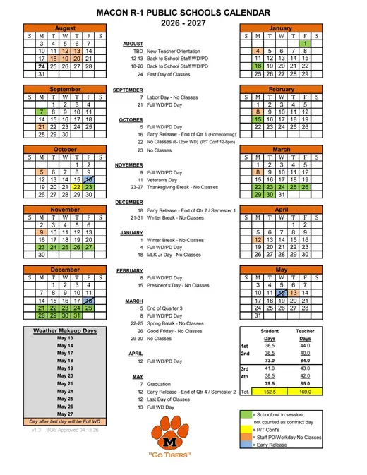 Macon R-1 Public Schools 2026–2027 Academic Calendar Page 1