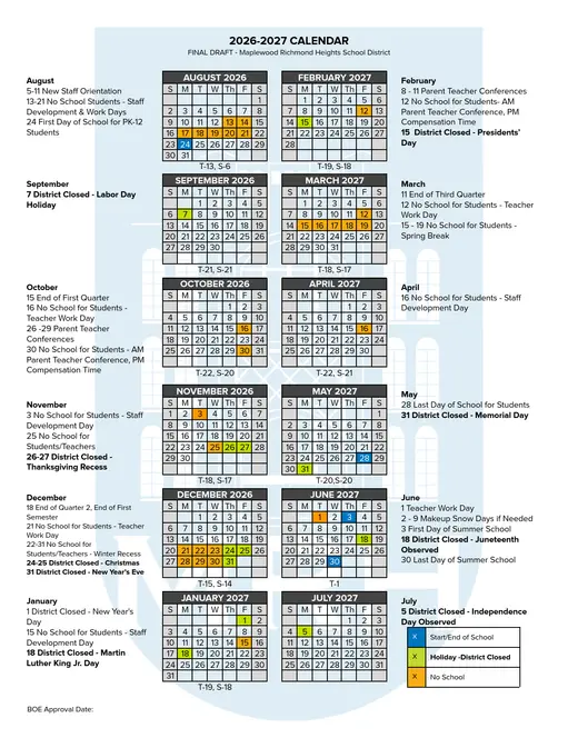 Maplewood Richmond Heights School District 2026–2027 Academic Calendar Page 1