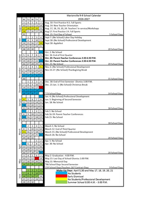 Marionville R-9 School 2026–2027 Academic Calendar Page 1