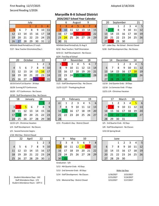 Maryville R-II School District 2026–2027 Academic Calendar Page 1