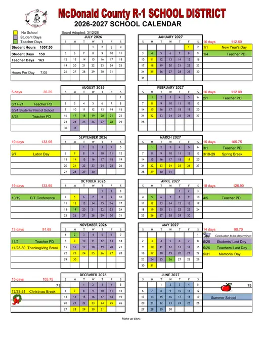 McDonald County R-1 School District 2026–2027 Academic Calendar