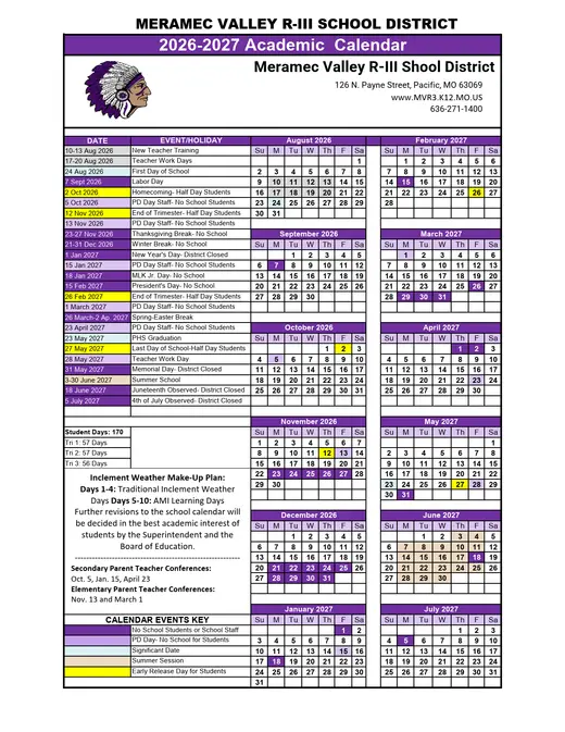 Meramec Valley R-III School District 2026–2027 Academic Calendar Page 1