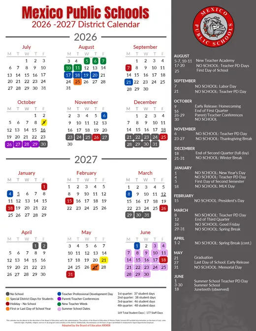 Mexico Public Schools 2026–2027 Academic Calendar Page 1