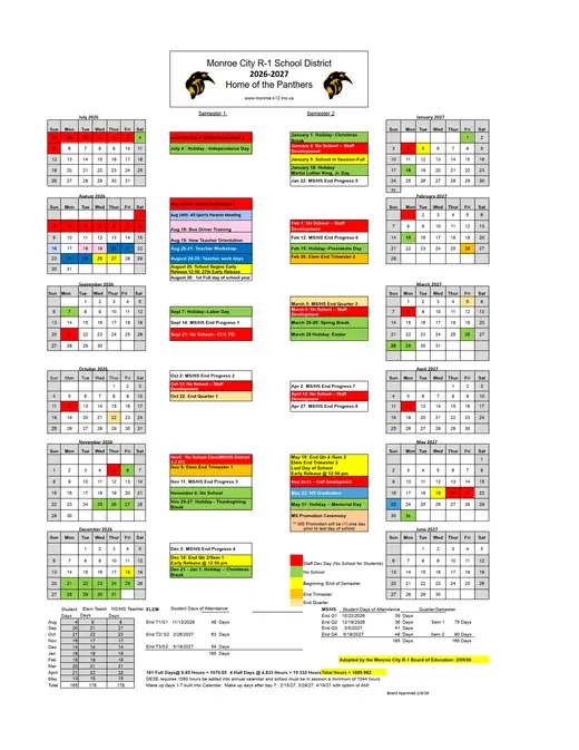 Monroe City R-1 School District 2026–2027 Academic Calendar Page 1