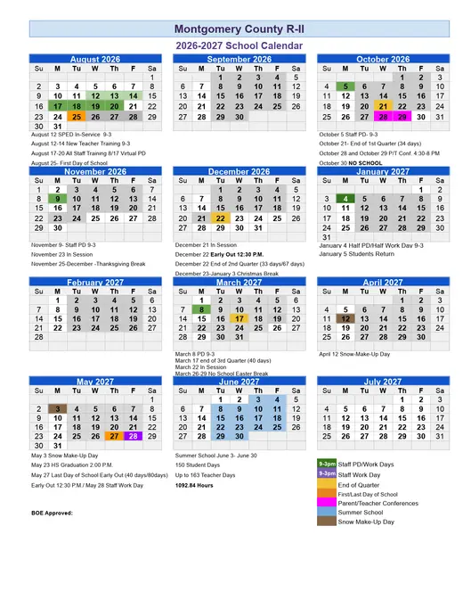 Montgomery County R-II 2026–2027 Academic Calendar Page 1