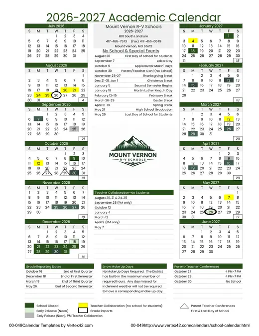 Mount Vernon R-V Schools 2026–2027 Academic Calendar Page 1