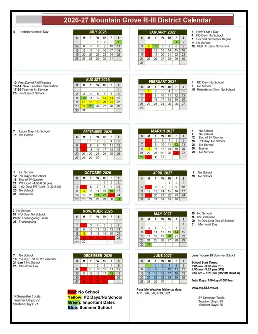 Mountain Grove R-III District 2026–2027 Academic Calendar Page 1