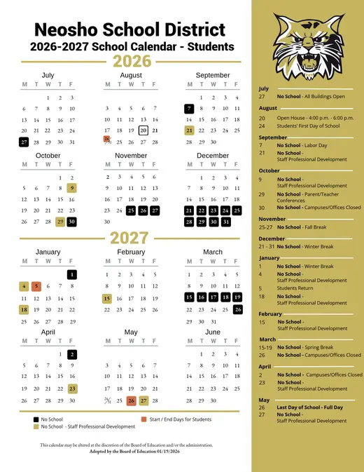 Neosho School District 2026–2027 Academic Calendar Page 1