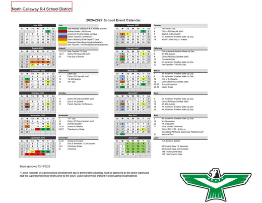 North Callaway R-I School District 2026–2027 Academic Calendar Page 1
