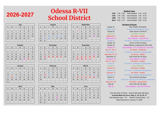 Odessa R-VII School District 2026–2027 Academic Calendar