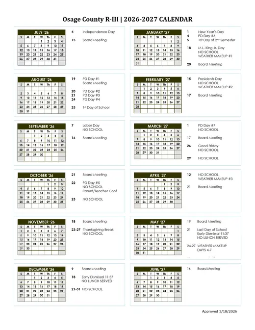 Osage County R-III 2026–2027 Academic Calendar Page 1