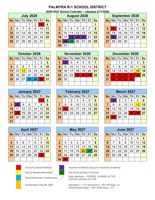 Palmyra R-1 School District 2026–2027 Academic Calendar Page 1