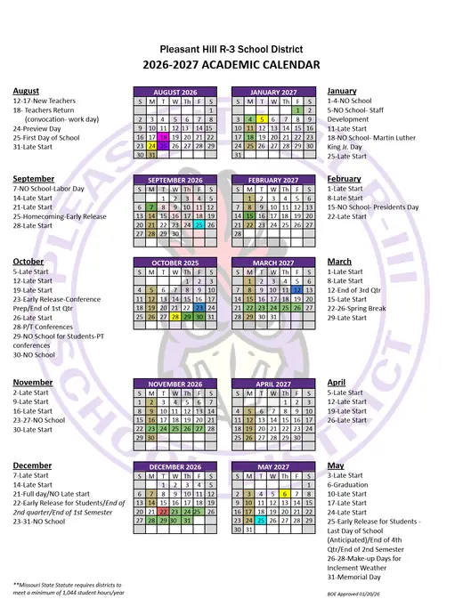 Pleasant Hill R-3 School District 2026–2027 Academic Calendar Page 1