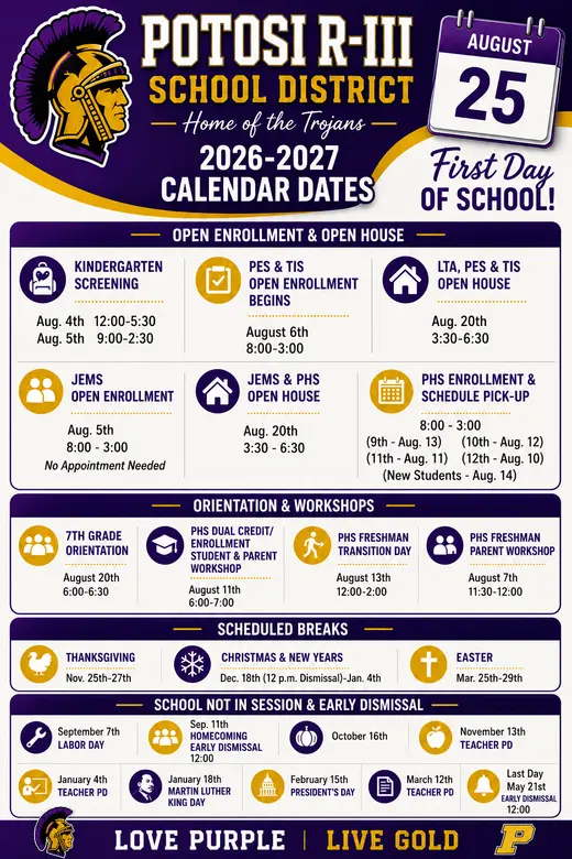 Potosi R-III School District 2026–2027 Academic Calendar Page 2