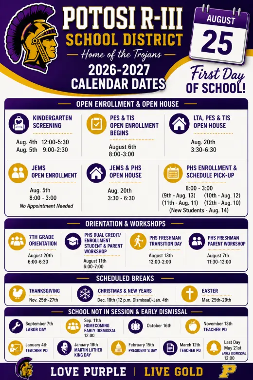 Potosi R-III School District 2026–2027 Academic Calendar Page 1