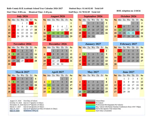 Ralls County R-II 2026–2027 Academic Calendar Page 1