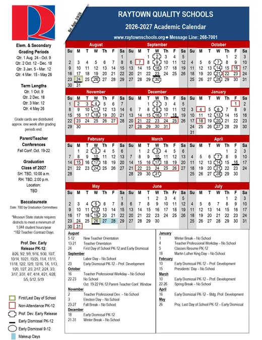 Raytown Quality Schools 2026–2027 Academic Calendar Page 1