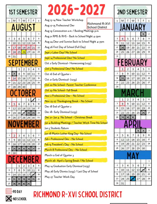 Richmond R-Xvi School District 2026–2027 Academic Calendar Page 1
