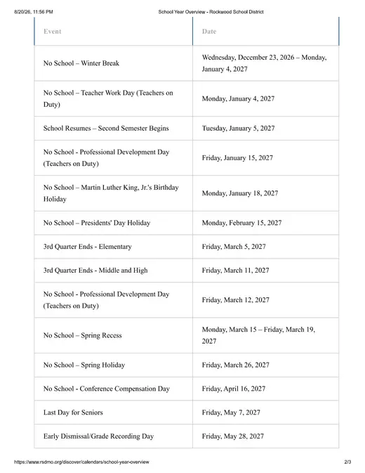 Rockwood School District 2026–2027 Academic Calendar Page 2