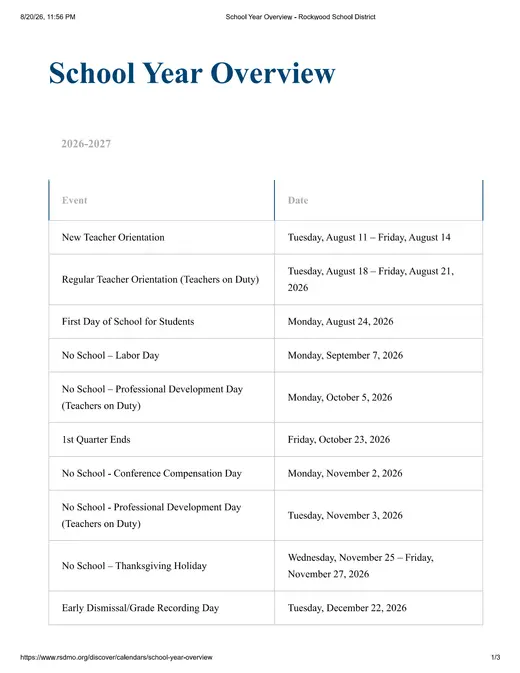 Rockwood School District 2026–2027 Academic Calendar Page 1