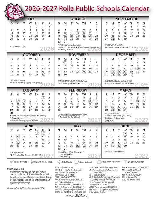 Rolla Public Schools 2026–2027 Academic Calendar Page 1