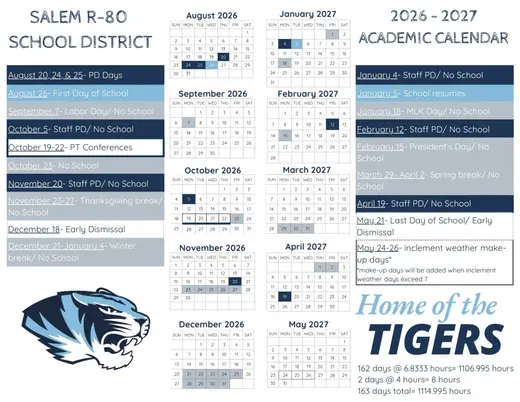 Salem R-80 School District 2026–2027 Academic Calendar Page 1