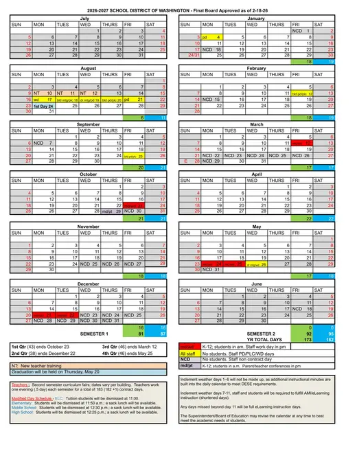 School District of Washington 2026–2027 Academic Calendar