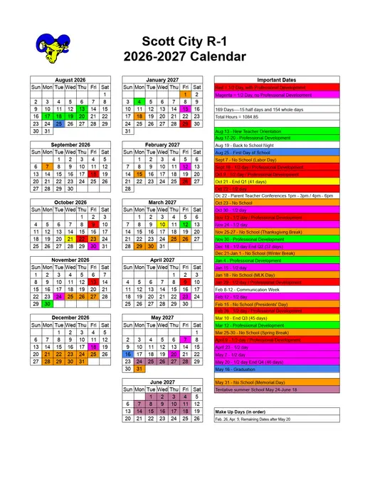 Scott City R-1 2026–2027 Academic Calendar Page 1