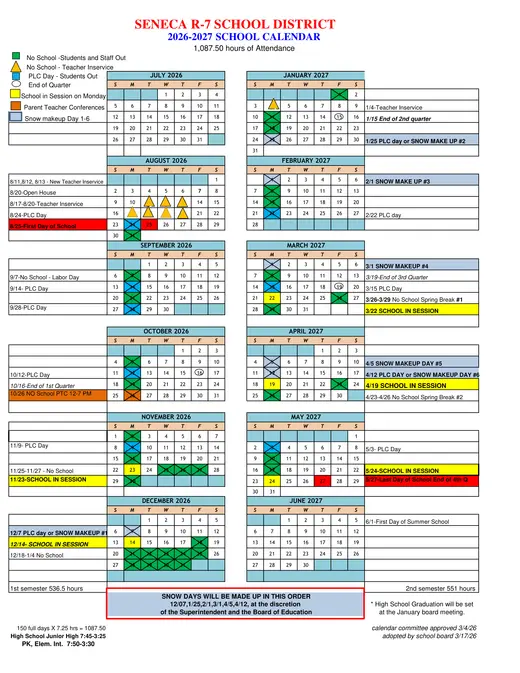 Seneca R-7 School District 2026–2027 Academic Calendar