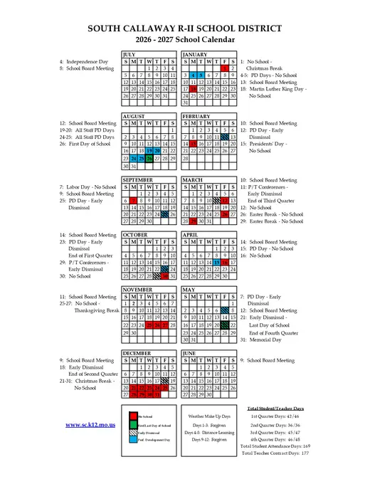 South Callaway R-II School District 2026–2027 Academic Calendar Page 1