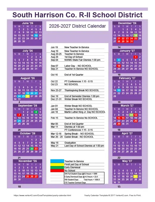 South Harrison Co. R-II School District 2026–2027 Academic Calendar Page 1