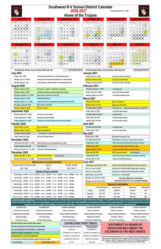 Southwest R-V School District 2026–2027 Academic Calendar Page 1