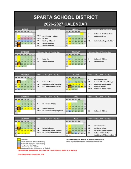 Sparta School District 2026–2027 Academic Calendar Page 1