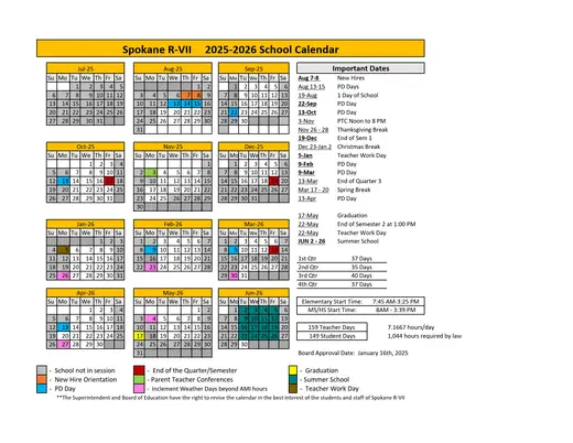 Spokane R-Vii 2025–2026 Academic Calendar Page 1