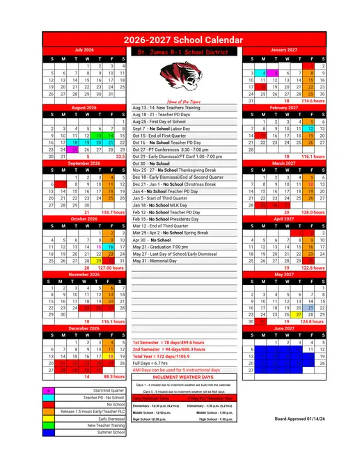 St. James R-1 School District 2026–2027 Academic Calendar Page 1