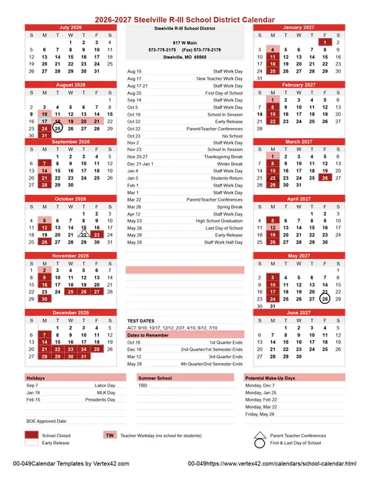 Steelville R-III School District 2026–2027 Academic Calendar Page 1