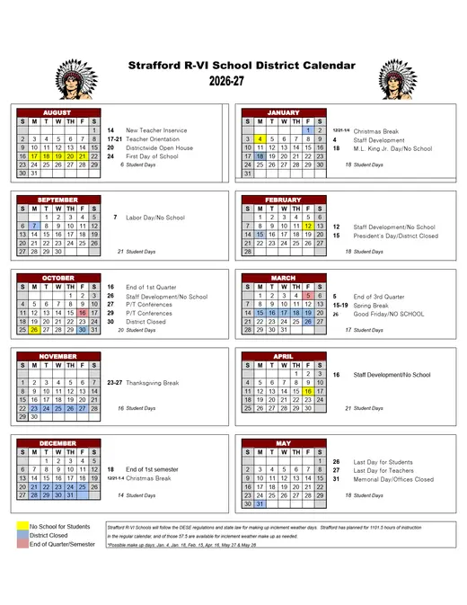 Strafford R-Vi School District 2026–2027 Academic Calendar Page 1