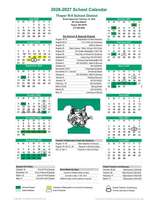 Thayer R-II School District 2026–2027 Academic Calendar Page 1