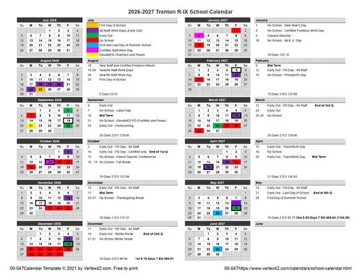 Trenton R-Ix 2026–2027 Academic Calendar Page 1