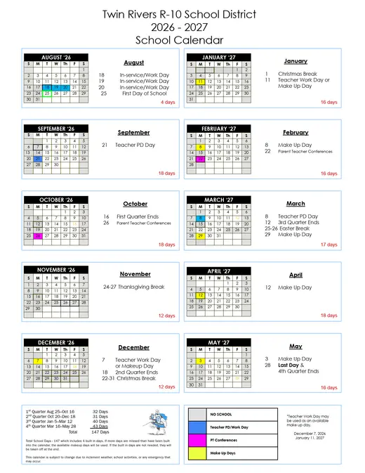 Twin Rivers R-10 School District 2026–2027 Academic Calendar Page 1