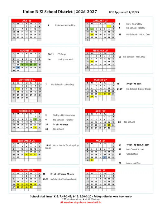 Union R-Xi School District 2026–2027 Academic Calendar Page 1